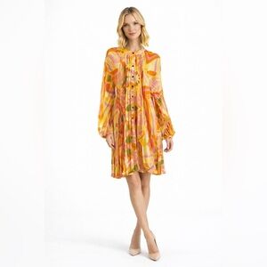 BEULAHSTYLE  Pleated  Orange Yellow Pink Floral Cottage Core Boho Mini Dress